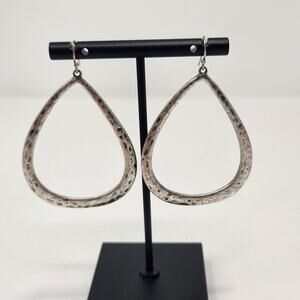 Hammered Silver Tone Metal Teardrop Hoop Dangle Hook Earrings Oversized Casual